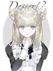  1girl absurdres alternate_costume animal_ears arknights arknights:_endfield bird_ears bird_girl black_dress blue_eyes blunt_bangs chinese_commentary commentary_request cuipian_bianti dress enmaided grey_background grey_hair hand_on_own_chin hand_up highres juliet_sleeves long_hair long_sleeves looking_at_viewer maid parted_lips perlica_(arknights) procreate_(medium) puffy_sleeves solo upper_body 
