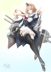  1girl absurdres black_hairband black_thighhighs blonde_hair blue_capelet blue_eyes blue_overskirt capelet chize commentary_request crown dress earrings full_body grey_shoes hair_between_eyes hairband highres jewelry kantai_collection long_hair long_sleeves looking_at_viewer mini_crown one-hour_drawing_challenge rigging shoes solo thigh-highs valiant_(kancolle) white_dress 