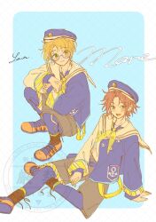  2boys blonde_hair blue-framed_eyewear blue_hair border brown_shorts closed_mouth commentary ensemble_stars! figure_four_sitting glasses green_eyes hat highres isara_mao jacket long_sleeves looking_at_viewer male_focus multicolored_jacket multiple_boys open_mouth red_hair sailor_collar sailor_hat semi-rimless_eyewear short_hair shorts sitting smile squatting two-tone_jacket untranslatable_commentary white_border white_sailor_collar yawayapan yuuki_makoto_(ensemble_stars!) 