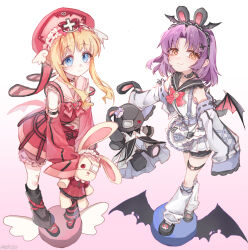  1girl 2girls alternate_costume black_socks blonde_hair blue_eyes commentary_request eiyuu_densetsu hair_ornament hat highres holding holding_stuffed_toy long_hair medium_hair multiple_girls naked_skirt overalls pink_shorts purple_hair red_hat red_overalls renne_(eiyuu_densetsu) shorts simple_background skirt smile smug socks sora_no_kiseki stuffed_toy tita_russell willfin x_hair_ornament 