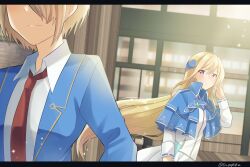  2girls adjusting_hair blonde_hair blue_capelet blue_jacket brown_hair capelet closed_mouth floating_hair hair_ornament heaven_burns_red highres jacket kayamori_ruka long_hair looking_at_another multiple_girls necktie open_clothes puyopiku red_necktie shirakawa_yuina shirt short_hair violet_eyes white_shirt 