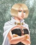  1girl arisen_(dragon&#039;s_dogma) arusha bangle blonde_hair blue_eyes bracelet breasts bustier cape circlet cleavage crossed_arms dragon&#039;s_dogma jewelry large_breasts lips nose scar solo 