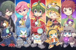  1girl 4boys animal_ears appli_drive_duo appmon asuka_torajirou blonde_hair blue_eyes blue_skin claws collared_shirt colored_skin conductor_baton digimon digimon_universe:_appli_monsters digivice dokamon down_vest dragon energy_ball extra_arms fire gatchmon goggles goggles_on_head goggles_on_headwear green_eyes green_hair green_jacket hackmon_(appmon) hat headphones headphones_around_neck helmet highres hood hoodie jacket karan_eri katsura_rei looking_at_viewer lulu_hane magnifying_glass multicolored_skin multiple_boys musimon necktie offmon one_eye_closed open_mouth oversized_clothes ozora_yujin pink_hair red_claws red_eyes red_hair red_jacket shinkai_haru shirt smile turtleneck turtleneck_jacket twintails two-tone_skin vest violet_eyes white_shirt white_skin yellow_skin 