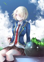  1girl 1other absurdres black_socks blue_jacket blue_sky brown_hair can canned_coffee closed_mouth clouds cloudy_sky crying crying_with_eyes_open drink_can hair_ornament hairpin heaven_burns_red highres holding holding_can jacket kayamori_ruka kneehighs narby_(heaven_burns_red) necktie open_clothes red_eyes red_necktie shirt short_hair sitting sky slime_(creature) socks streaming_tears tears white_shirt yanagiba_sakana 