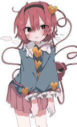  1girl blue_shirt blush blush_stickers collar cowboy_shot disembodied_linked_eye eyeball frilled_collar frilled_sleeves frills hair_ornament hairband heart heart_hair_ornament heart_print highres komeiji_satori looking_at_viewer nacht_musik parted_bangs pink_hair pink_skirt red_eyes ringed_eyes shirt short_hair skirt solo steam sweat sweatdrop touhou white_background 