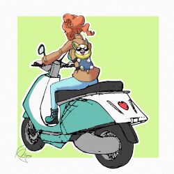  1girl aqua_boots aqua_shirt boots coat highres meru_merume603 motor_vehicle motorcycle on_motorcycle orange_hair pokemon pokemon_sword_and_shield ribbed_shirt shirt side_ponytail sonia_(pokemon) yamper 
