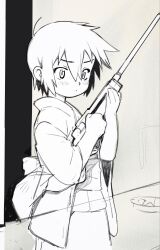  1girl absurdres back blush fishing greyscale gun highres holding hood hoodie indoors jacket lineart monochrome original polearm sketch solo spiky surprised taru153 tomboy weapon 