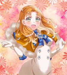  1girl annette_fantine_dominic annette_fantine_dominic_(timeskip) birthday breasts cape commentary_request dress elbow_gloves fire_emblem fire_emblem:_three_houses floral_background fur-trimmed_cape fur_trim gloves green_eyes happy_birthday highres looking_at_viewer medium_breasts medium_hair open_mouth orange_background orange_cape orange_hair pink_background rein_rise solo upper_body wavy_hair white_dress yellow_background 