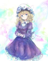  1girl back_bow blonde_hair blush bow closed_mouth collared_dress commentary_request contrast_collar dress frilled_dress frills hat hat_ribbon highres juliet_sleeves long_hair long_sleeves maribel_hearn mob_cap puffy_sleeves purple_dress red_ribbon ribbon sleeve_ribbon solo touhou uwazumi white_bow white_hat 