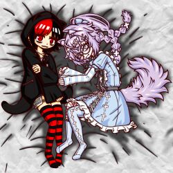  2girls absurdres animal_ears aqua_dress aqua_ribbon aqua_thighhighs bandages bed_sheet black_border black_hair black_hoodie border braid commission cross cross_earrings cross_hair_ornament djkurara djkurara_various dog_ears dog_tail dress earrings fangs full_body goth_fashion gothic_lolita hair_ornament heart heart_hair_ornament highres hood hoodie jewelry lolita_fashion long_hair long_sleeves looking_at_viewer multicolored_hair multiple_girls on_bed punk purple_hair red_border red_eyes red_hair ribbon shared_bed sharp_teeth short_hair shorts silver_earrings skeb_commission streaked_hair striped_clothes tail tattoo teeth thigh-highs white_eyes 