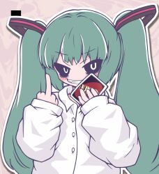  1girl absurdres aqua_hair black_sclera buttons colored_sclera djkurara_various fangs hair_ornament hatsune_miku highres long_hair looking_at_viewer mesugaki middle_finger mimukauwa_nice_try_(vocaloid) naughty_face pink_background shirt sleeves_past_wrists solo twintails uno_(game) vocaloid white_shirt 