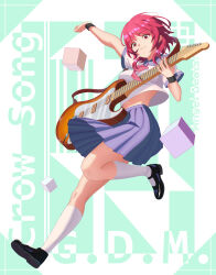  1girl absurdres angel_beats! black_shoes black_wrist_cuffs blue_sailor_collar blue_skirt breasts closed_mouth commentary copyright_name cube downturned_eyes dutch_angle floating_hair full_body green_background guitar hair_between_eyes hand_up highres holding holding_guitar holding_instrument instrument iwasawa_masami kamikita_hibiki kneehighs looking_at_viewer mary_janes medium_breasts medium_hair medium_skirt midriff_peek neckerchief outstretched_arm pink_neckerchief pleated_skirt red_eyes red_hair sailor_collar shinda_sekai_sensen_uniform shirt shoe_soles shoes short_sleeves simple_background skirt smile socks solo standing standing_on_one_leg strap_slip two-tone_background upskirt white_background white_shirt white_socks wrist_cuffs 