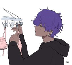  1boy bra closed_mouth dark-skinned_male dark_skin earclip earrings fate/grand_order fate_(series) hassan_of_the_shining_star_(fate) highres hood hood_down jewelry looking_at_object male_focus nama_(namapigd) pink_bra purple_hair scar scar_on_neck signature solo underwear 