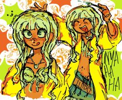  1girl bikini blue_eyes coat danganronpa_(series) danganronpa_v3:_killing_harmony dark-skinned_female dark_skin holding holding_paintbrush paintbrush saipajas smile swimsuit tongue tongue_out white_hair yellow_coat yonaga_angie 