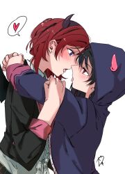  2girls arms_around_neck black_hair black_shirt blue_hoodie commentary_request demon_horns eye_contact fake_horns from_side hand_on_another's_arm heart highres hood hood_up hoodie horns little_devil_(love_live!) looking_at_another love_live! love_live!_school_idol_project medium_hair multiple_girls nishikino_maki noses_touching open_mouth profile red_eyes red_hair shirt signature simple_background speech_bubble spoken_heart surfacedxxc tongue tongue_out violet_eyes white_background yazawa_nico yuri 