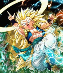  1boy absurdres arm_up aura black_vest blonde_hair blue_sash child commentary_request cropped_vest dragon_ball dragon_ball_z full_body gotenks green_eyes highres long_hair male_focus metamoran_vest midair muscular muscular_male no_eyebrows no_shirt noir_illust open_mouth pants sash solo spiky_hair vest white_pants 