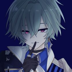  1boy armor belt belt_collar black_belt black_gloves blue_background blue_shirt choker coat collar collared_shirt earrings finger_to_mouth genshin_impact gloves green_hair hair_between_eyes hair_intakes highres jewelry lohen_(genshin_impact) long_sleeves looking_at_viewer male_focus mi_shi_gnsn mole mole_under_eye parted_lips partially_shaded_face shirt shoulder_armor shushing single_earring solo upper_body 