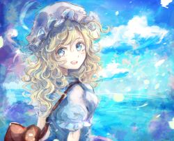 1girl :d bag blonde_hair blue_eyes blue_shirt blush brown_bag clouds commentary_request hat highres long_hair maribel_hearn mob_cap neo-traditionalism_of_japan official_alternate_costume open_mouth puffy_short_sleeves puffy_sleeves purple_skirt shirt short_sleeves skirt smile solo teeth touhou upper_teeth_only uwazumi water white_hat 
