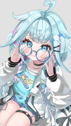  1girl :i absurdres adjusting_eyewear ahoge bespectacled black_choker blue-framed_eyewear blue_bow blue_eyes blue_hair blue_shirt blue_shorts bow braid choker closed_mouth commentary cynicalwl glasses grey_background hair_bow hair_flaps hair_ornament hairclip hands_up highres hololive hololive_dev_is jacket light_blush lightning_ahoge long_hair long_sleeves looking_at_viewer looking_up low_twin_braids mizumiya_su mizumiya_su_(1st_costume) multicolored_hair o-ring o-ring_choker o-ring_thigh_strap open_clothes open_jacket parallel_hairclips pink_streaks pom_pom_(clothes) print_shirt raised_inner_eyebrows round_eyewear shirt short_shorts shorts simple_background sitting solo streaked_hair thigh_strap torn_clothes torn_shirt torn_shorts twin_braids two-tone_hair virtual_youtuber white_jacket x_hair_ornament 