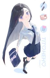  1girl artist_name bag bag_charm black_hair black_shoes black_socks black_thighhighs blue_bag blue_necktie blue_skirt blush character_request charm_(object) closed_mouth collared_shirt cosmetics dot_nose foreshortening from_above heart highres loafers long_hair looking_at_viewer makeup_brush makeup_palette necktie oeoi_t original over-kneehighs parted_bangs partially_shaded_face penny_loafers pleated_skirt school_bag shirt shoes simple_background skirt socks solo straight_hair stuffed_animal stuffed_rabbit stuffed_toy thigh-highs twitter_username very_long_hair white_background white_shirt 