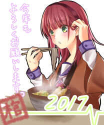  1girl 2017 :o adapted_costume adjusting_hair angel_beats! blue_sailor_collar blunt_bangs blush brown_kimono chopsticks commentary_request dated eyelashes eyes_visible_through_hair food green_eyes hair_behind_ear hairband hands_up happy_new_year highres holding holding_chopsticks japanese_clothes kimono long_sleeves looking_at_food nakamura_yuri negiko123123 noodles open_clothes open_kimono open_mouth purple_hair purple_hairband ramen sailor_collar sailor_shirt shinda_sekai_sensen_uniform shirt simple_background sitting solo steam tempura upper_body white_background white_shirt wide_sleeves 
