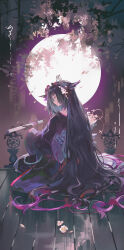 1girl absurdres arknights black_gloves black_hair cherry_blossoms dagger facing_to_the_side flower from_behind full_moon gloves grey_eyes hair_flower hair_ornament highres holding holding_dagger holding_knife holding_weapon knife long_hair long_sleeves looking_at_viewer looking_back mio_(arknights) moon multicolored_hair obi pink_hair sash sheath sheathed shin_oooooo sideways_glance sitting solo sword two-tone_hair very_long_hair wakizashi weapon wooden_floor 