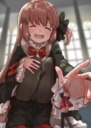 2girls asukaru_(magika_ru) black_bow black_bowtie black_thighhighs blush bow bowtie braid brown_hair dress frilled_dress frilled_sleeves frills gothic_lolita hime_cut kamihama_university_affiliated_school_uniform lolita_fashion long_hair magia_record:_mahou_shoujo_madoka_magica_gaiden magical_girl mahou_shoujo_madoka_magica multiple_girls open_mouth pink_hair red_bow red_bowtie satomi_touka school_uniform smile tamaki_iroha thigh-highs 