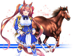  1girl aiguillette animal_ears black_bow black_thighhighs blue_jacket blue_skirt blush bow breasts brown_hair center_frills commentary_request creature_and_personification daiwa_scarlet_(peak_blue)_(umamusume) daiwa_scarlet_(racehorse) daiwa_scarlet_(umamusume) epaulettes fang frills garter_straps hair_between_eyes hair_intakes horse horse_ears horse_girl horse_tail jacket large_breasts layered_skirt long_hair long_sleeves looking_at_viewer open_mouth personification real_life red_eyes shirt skirt smile sugimotty_nova tail thigh-highs tiara twintails umamusume very_long_hair white_shirt white_skirt white_thighhighs 