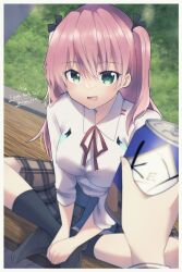  2girls aikawa_megumi bench black_socks can canned_coffee crossed_legs drink_can female_pov green_eyes hair_tie heaven_burns_red highres holding holding_can long_hair multiple_girls on_bench open_mouth park_bench pink_hair pov puyopiku red_ribbon ribbon socks wooden_bench 