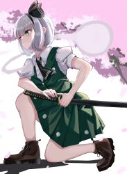  1girl 1other ascot black_ascot black_bow black_hairband boots bow brown_boots buttons closed_mouth collared_shirt commentary_request dinotodon ghost_print green_eyes green_skirt green_vest hairband hand_on_sheath highres katana konpaku_youmu konpaku_youmu_(ghost) on_one_knee puffy_short_sleeves puffy_sleeves shirt short_sleeves sidelocks skirt sword touhou vest weapon white_hair white_shirt 