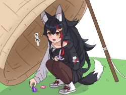  1girl animal_ear_fluff animal_ears black_hair black_hoodie black_pantyhose black_shorts blush commentary_request hair_ornament hairpin highres hololive hood hoodie long_hair looking_at_viewer morotade_kudou multicolored_hair ookami_mio ookami_mio_(hoodie) open_mouth pantyhose red_streaks shoes shorts smile solo streaked_hair tail two-tone_hoodie very_long_hair virtual_youtuber white_hoodie white_shoes wolf_ears wolf_girl wolf_tail yellow_eyes 