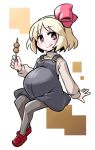  1girl :q blonde_hair bow food hair_bow kugelschreiber loafers looking_at_viewer overall_skirt pantyhose pregnant red_eyes rumia shoes short_hair smile solo tongue touhou 
