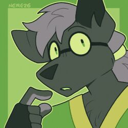 1boy animal_ears animated animated_gif chujin_ketsukane fox_boy fox_ears furry furry_male goggles green_theme highres lemonere long_hair looking_at_viewer looping_animation low_ponytail male_focus parted_lips pointing pointing_at_self ponytail purple_hair solo undertale undertale_yellow upper_body utdr_(toby_fox) 