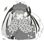  1girl bird_wings closed_eyes dress earmuffs floral_print indian_style jagabutter leaf mary_janes mob_cap monochrome mystia_lorelei overcoat scarf shoes short_hair sitting sleeping solo touhou 