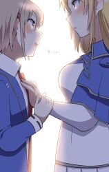  2girls blue_capelet blue_shirt blush capelet commentary_request from_side hand_on_another's_chest heaven_burns_red highres kayamori_ruka looking_at_another multiple_girls necktie open_clothes open_mouth open_shirt puyopiku red_eyes red_necktie school_uniform shirakawa_yuina shirt white_shirt yuri 