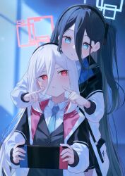  2girls absurdres aris_(blue_archive) black_hair black_hairband black_vest blue_archive blue_eyes blue_halo blush cheek_poking collared_shirt commentary hair_between_eyes hairband halo handheld_game_console highres holding holding_handheld_game_console jacket kei_(blue_archive) kei_(new_body)_(blue_archive) kuchisode looking_at_another multiple_girls one_side_up open_clothes open_jacket pink_halo poking pout red_eyes shirt vest white_hair white_jacket 