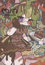  1girl bandaid bandaid_on_knee bandaid_on_leg black-framed_eyewear blue_background blush border brown_border brown_dress cake cake_slice chocolate_cake commentary commission dot_nose double-parted_bangs dress feet_out_of_frame food glasses green_hair heterochromia highres holding holding_plate looking_at_viewer mid_(doa_3d) original outside_border plate red_eyes semi-rimless_eyewear short_hair short_sleeves solo standing teardrop-framed_glasses under-rim_eyewear violet_eyes watermark 