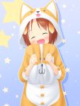  1girl ^_^ ^o^ animal_costume animal_ears brown_hair closed_eyes dog_costume dog_ears fang highres inuarashi meiko_(inuarashi) original pillow smile star starry_background 