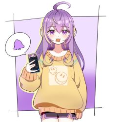  1girl ahoge black_shorts blonde_hair cellphone hair_between_eyes indie_virtual_youtuber long_hair looking_at_viewer multicolored_hair phone purple_hair shorts simple_background smartphone smiley_face solo streaked_hair sweater tsukasa12598 violet_eyes virtual_youtuber vividly_vivi yellow_sweater 