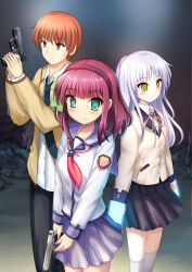  1boy 2girls absurdres angel_beats! arms_at_sides black_necktie black_pants black_skirt blue_sailor_collar blue_skirt blunt_bangs blush bow c: closed_mouth collared_shirt commentary_request cowboy_shot dual_wielding expressionless eyes_visible_through_hair fighting_stance frown green_bow green_eyes gun hair_between_eyes hair_bow hairband hand_sonic handgun hands_up highres holding holding_gun holding_weapon indoors jacket kneehighs long_hair long_sleeves looking_at_viewer looking_to_the_side making-of_available medium_hair miniskirt multiple_girls nakamura_yuri neck_ribbon neckerchief necktie open_clothes open_jacket orange_hair otonashi_yuzuru pants pink_neckerchief pleated_skirt ponytail purple_hair purple_hairband red_eyes ribbon rubble sailor_collar sailor_shirt school_uniform shirt short_hair short_ponytail sidelocks skirt smile socks split_mouth sweatdrop tachibana_kanade tsutsusaku_poyoyo weapon white_hair white_shirt white_socks yellow_eyes yellow_jacket yellow_ribbon 