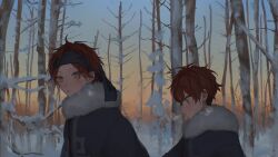  2boys amagi_hiiro amagi_rinne bare_tree blue_eyes blue_headband blue_jacket brothers closed_mouth commentary ensemble_stars! from_side fur-trimmed_jacket fur_trim gradient_sky hair_between_eyes headband highres jacket looking_at_viewer looking_down male_focus multiple_boys noznuc outdoors red_hair short_hair siblings sky snow tree upper_body 