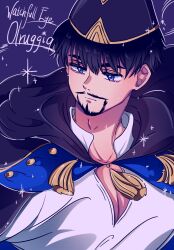  1boy black_cape black_hair black_hat cape closed_mouth english_commentary facial_hair garnel_(letsgotomato11) hat highres male_focus olruggio_(tongari_boushi_no_atelier) pectoral_cleavage pectorals short_hair solo split_mouth tongari_boushi_no_atelier 