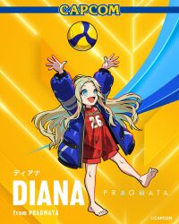  1girl aqua_eyes ball barefoot blonde_hair blue_coat capcom child coat diana_(pragmata) full_body highres long_hair long_sleeves official_art open_mouth padded_coat playing_sports pragmata puffy_coat puffy_long_sleeves puffy_sleeves smile solo sportswear volleyball volleyball_(object) volleyball_uniform 