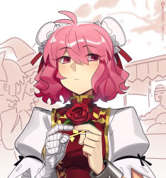  1other 3girls ahoge bandaged_arm bandages blush boa_(brianoa) bow bun_cover closed_mouth commentary cuffs dango double_bun english_commentary flower food hair_between_eyes hair_bow hair_bun hair_tubes hakurei_reimu hat highres ibaraki_kasen index_fingers_together kirisame_marisa looking_at_viewer multiple_girls neck_flower pink_eyes pink_hair puffy_short_sleeves puffy_sleeves red_flower red_rose red_tabard rose shackles shirt short_hair short_sleeves solo_focus tabard touhou twitter_username wagashi white_shirt witch_hat 