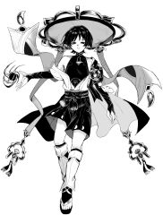  1boy arm_at_side armor belt blunt_ends bodysuit bow bridal_gauntlets choppy_bangs covered_collarbone fafa_nofa3 feathers full_body furisode gem genshin_impact gold_ring greyscale hakama hakama_shorts hand_up hat highres japanese_armor japanese_clothes jingasa juban kimono kote leg_warmers looking_at_viewer male_focus mandarin_collar middle_ring monochrome open_clothes open_hands open_kimono parted_lips pleated_shorts pom_pom_(clothes) rope sandals sash scaramouche_(genshin_impact) shorts side_cape single_bare_shoulder single_off_shoulder solo tassel toenails toes tsurime vision_(genshin_impact) vortex wanderer_(genshin_impact) white_background white_leg_warmers zouri 