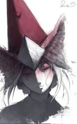  bow closed_eyes eyelashes feathers floating_hair hat highres luluci_(tongari_boushi_no_atelier) partially_colored red_hat robarts_15(rob.arts_15) signature tall_hat tongari_boushi_no_atelier 