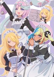  3girls ? ?? alternate_costume apron aqua_hair black_dress black_mask blonde_hair blue_eyes blue_hair blush bow-shaped_hair breasts broom canari_(pokemon) closed_mouth commentary_request cynthia_(pokemon) dark-skinned_female dark_skin dress duster fang frilled_apron frilled_hairband frills full_body grey_eyes hair_ornament hair_over_one_eye hairband holding holding_broom holding_duster iono_(pokemon) leaning_forward long_hair long_sleeves maid maid_apron maid_headdress mask mask_pull mizuiro123 mouth_mask multicolored_hair multiple_girls open_mouth pink_hair pokemon pokemon_diamond/pearl/platinum pokemon_legends:_z-a pokemon_scarlet_and_violet puffy_sleeves simple_background skin_fang small_breasts smile split-color_hair standing sweatdrop twintails two-tone_hair vase very_long_hair white_apron white_headdress wrist_cuffs 