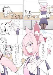  1girl animal_ear_fluff animal_ears apron black_sailor_collar blue_archive blue_halo check_translation chopsticks commentary_request cooking cooking_pot counter dai3 doodle_sensei_(blue_archive) drooling food fox_ears fox_girl fox_shadow_puppet hair_ribbon half_updo halo highres inarizushi kitchen long_sleeves niko_(blue_archive) pacifier pink_apron pink_hair plate pleated_skirt red_ribbon ribbon sailor_collar saliva sensei_(blue_archive) shirt sidelocks skirt stove sushi translation_request white_shirt 