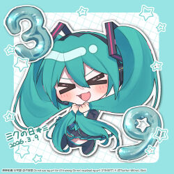  >_< 1girl 2026 :3 balloon blue_border blue_hair blue_trim boots border chibi chibi_only closed_eyes commentary_request dated deformed detached_sleeves excited full_body grabbing_own_hair grey_boots grey_skirt grey_sleeves grid_background hair_between_eyes hair_ornament hatsune_miku headset highres holding_own_hair kinoshita_aki miku_day multiple_tails number_balloon open_mouth pleated_skirt skirt solo star_(symbol) tail thigh_boots translation_request vocaloid watermark white_background 