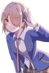  1girl :p absurdres blue_shirt brown_hair commentary_request hair_ornament hairpin heaven_burns_red highres kayamori_ruka necktie open_clothes open_shirt puyopiku red_eyes red_necktie shirt short_hair simple_background tongue tongue_out white_background white_shirt 